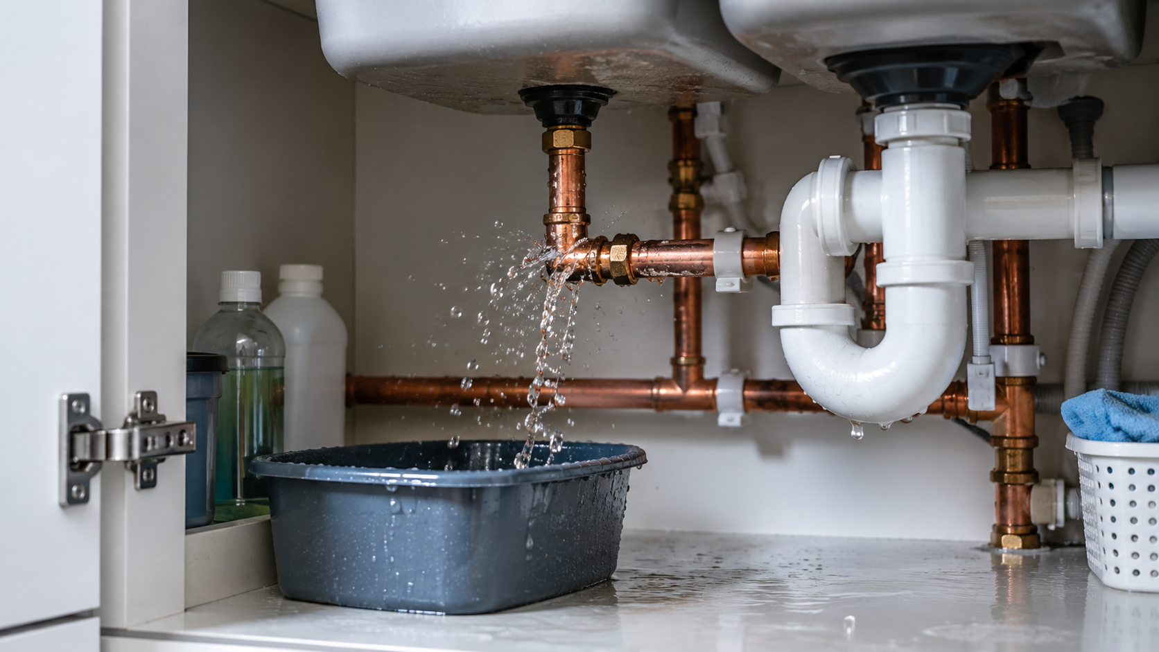 Water spraying from a leaking copper pipe beneath a kitchen sink